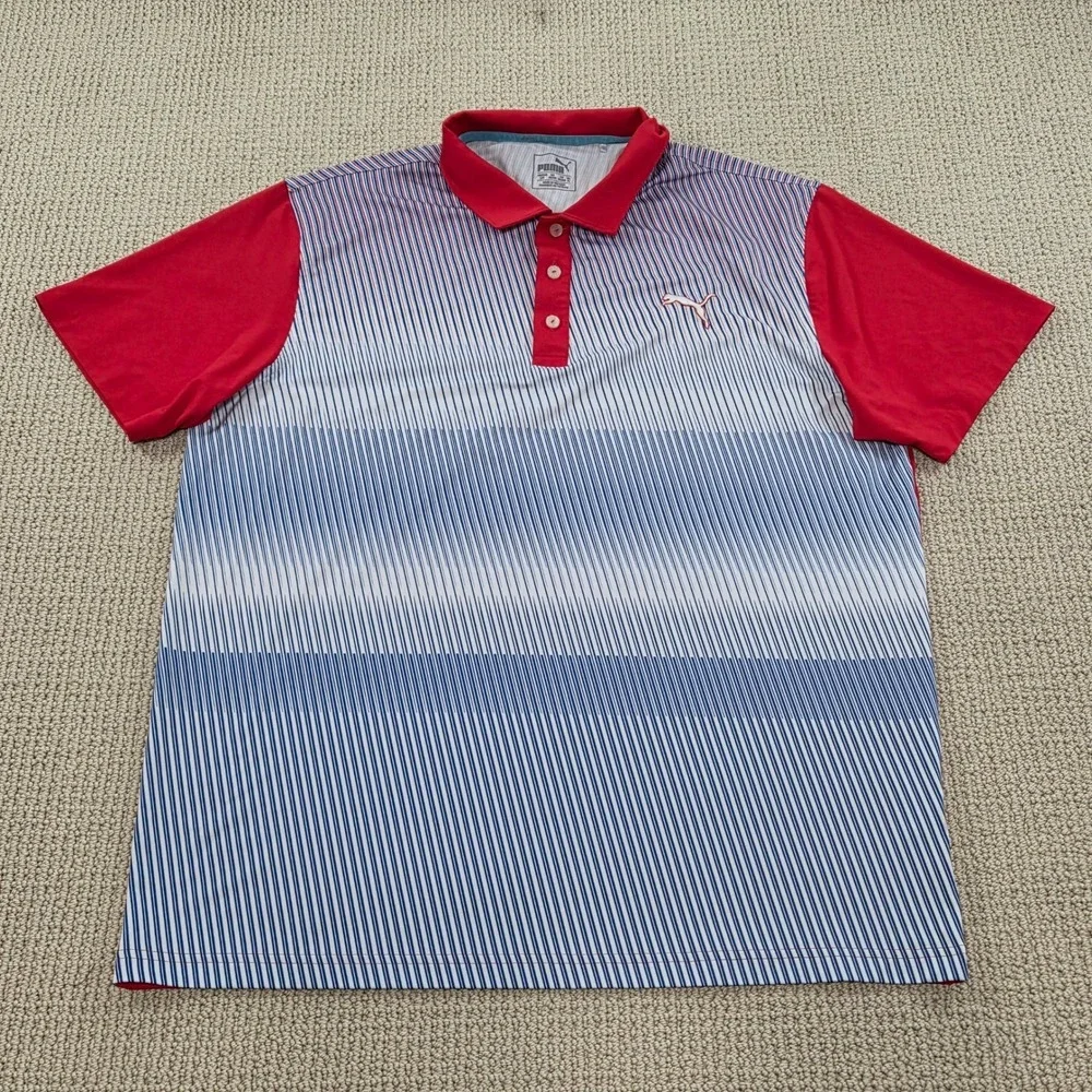 Puma Golf Polo Shirt Red‎ White Blue Stripe Pinstripe Men's Large